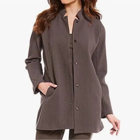 New! Eileen Fisher stand collar textured long  Jacket dye Brown nwt 33713 - Picture 1 of 10